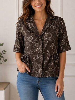 Unique Spectrum Brown Floral Print Blouse – Size Large – Silver Print